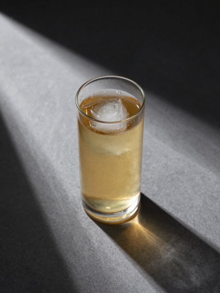 Tight overhead shot of a glass product on a matte grey surface, cool studio light raking from the left, deep shadows framing the object, commercial still from a beverage campaign