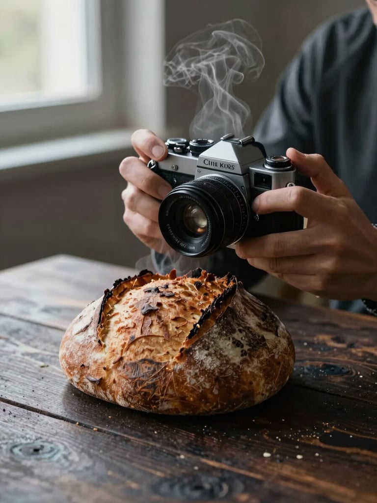 Hands holding a vintage camera over a steaming rustic sourdough bread on a dark wooden table, natural side light from a window, moody atmosphere.