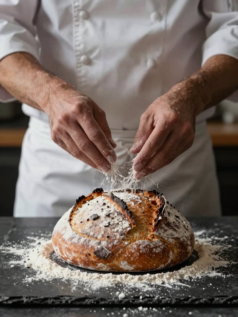 Close-up portrait of a chef's hands dusting flour over freshly baked sourdough bread on a dark slate surface, natural side lighting, moody shadows