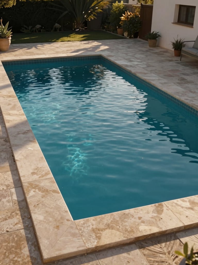 Wide environmental photograph of a finished residential pool set into a garden terrace in Alicante, natural stone paving surrounding the water, late-afternoon golden light casting long shadows across the pool edge, cool documentary tone, no people, architectural framing from ground level