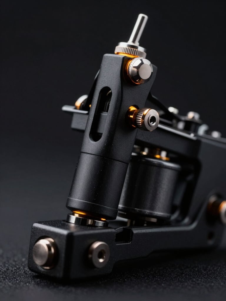 Macro close-up of a matte black rotary tattoo machine, raw steel components, sharp neon-amber accents, moody studio lighting, 50mm