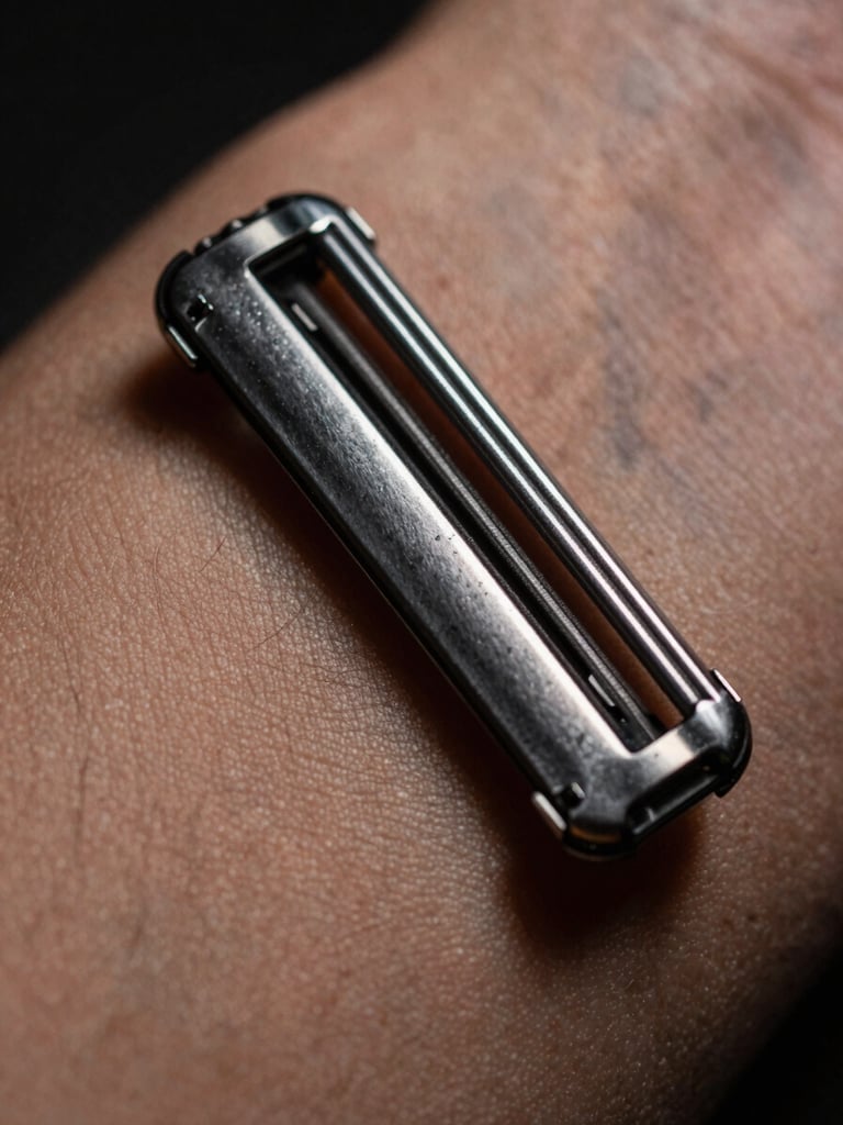 Macro shot of razor-sharp healed black linework on skin, high-contrast studio lighting, metallic highlights, sharp details, 50mm
