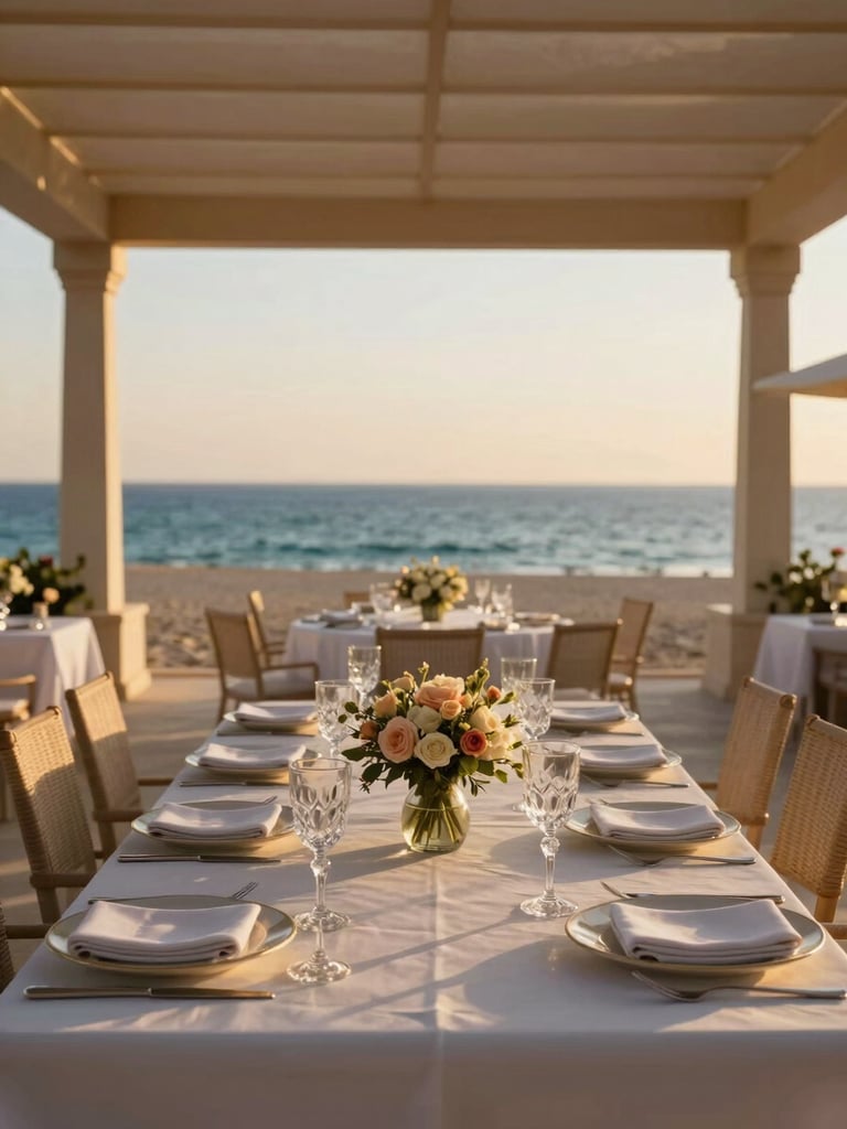 Portrait shot of an elegant table setting on the open-air pavilion, catching the golden hour light, with soft floral centerpieces, crystal glassware, and the blurred backdrop of the Arabian Sea at sunset, wide-angle architectural lens.