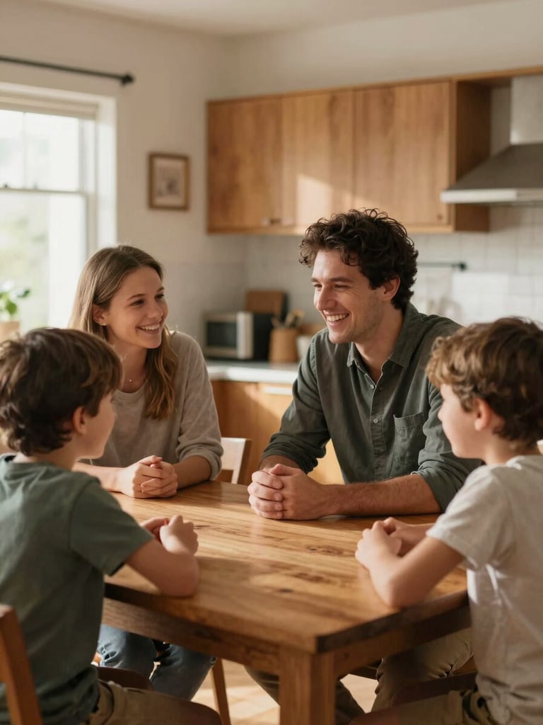 Warm natural light over a family sitting around a wooden kitchen table, talking and laughing, shallow depth of field, authentic domestic setting.