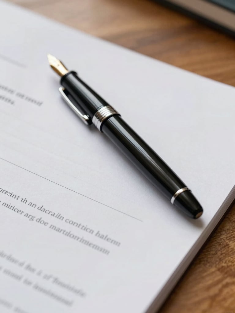 Close-up of a fountain pen resting on a clean, physical legal document on a warm wooden desk, soft natural morning light.