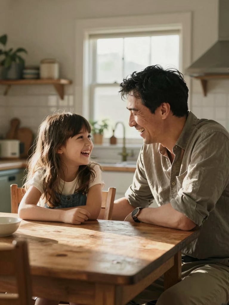 Candid medium shot of a father and daughter laughing at a rustic wooden kitchen table, warm natural sunlight streaming through a window, soft focus background with domestic details.