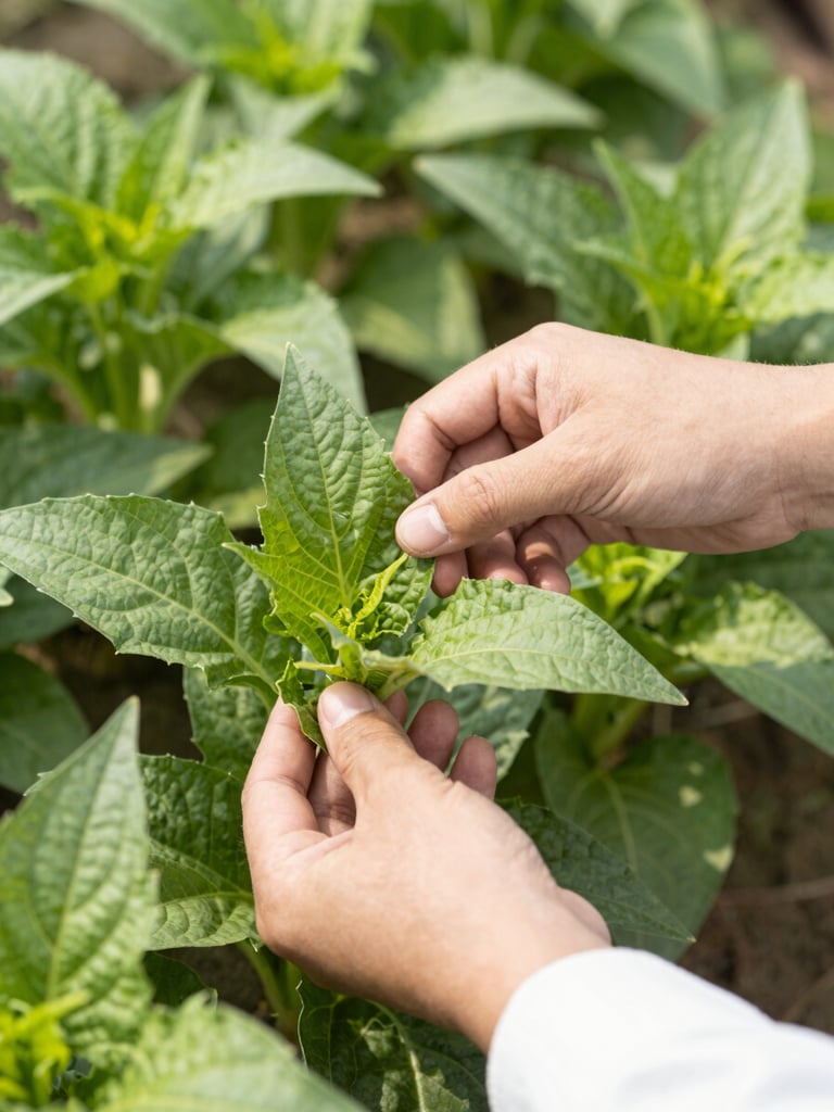 Close-up of hands of an agricultural technician examining green crop leaves in a sunlit field, bright editorial photography, sharp focus, natural daylight.