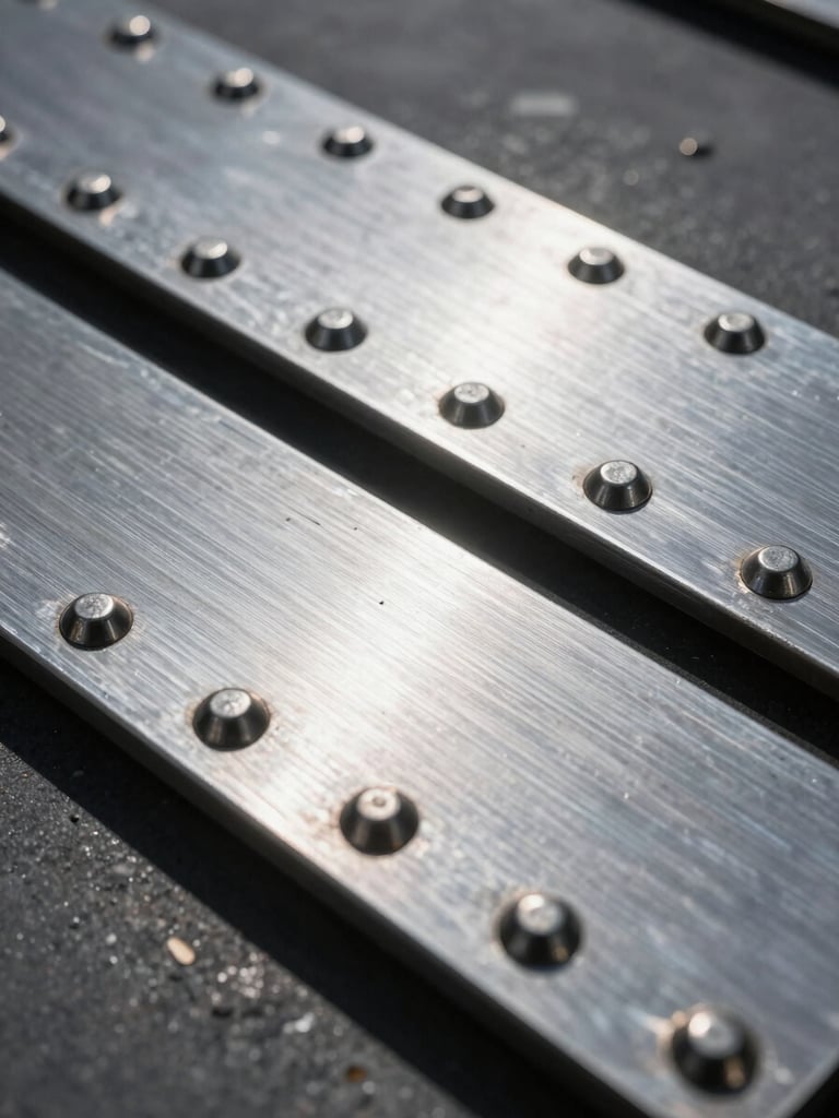 Macro close-up shot of raw brushed steel plates with heavy industrial rivets, sharp directional studio lighting, hard black shadows, technical orthographic framing.