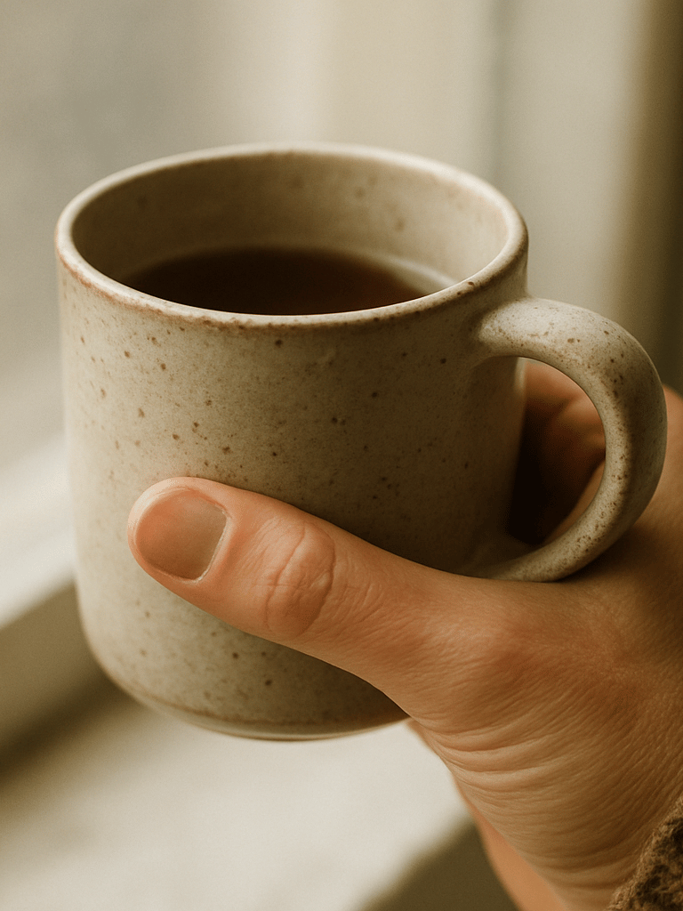 A close-up of a hand holding a warm ceramic mug, soft diffused window light, tactile textures, shallow depth of field, 35mm