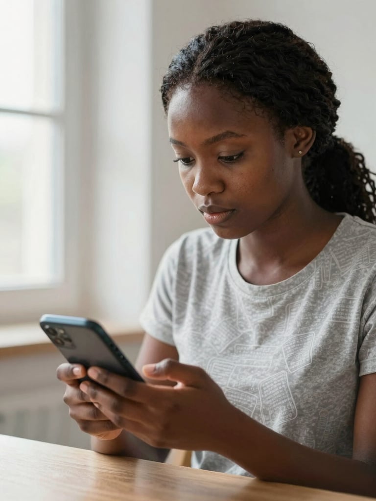 A medium shot of a focused West African female student studying on a mobile phone in a bright, sunlit room, high clarity, clean interface with multiple-choice questions visible on the screen, natural daylight.