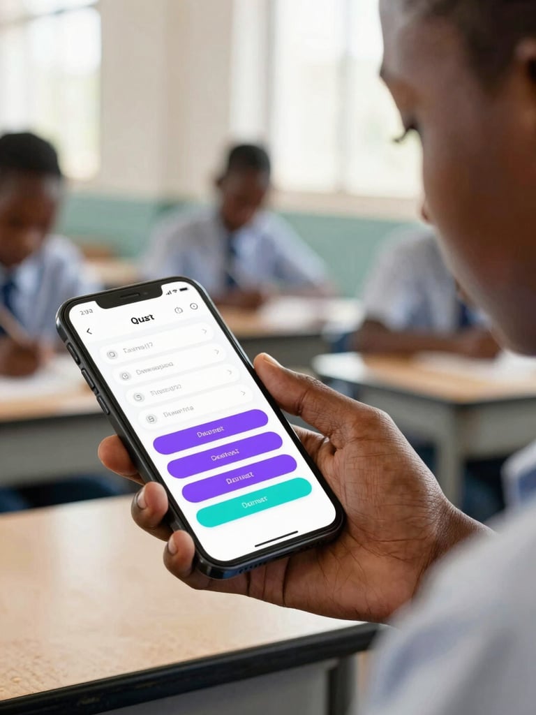 A close-up of a West African high school student looking confidently at a mobile phone screen in a bright, sunlit study room. The phone screen displays a clean, high-contrast quiz interface with purple and teal buttons.