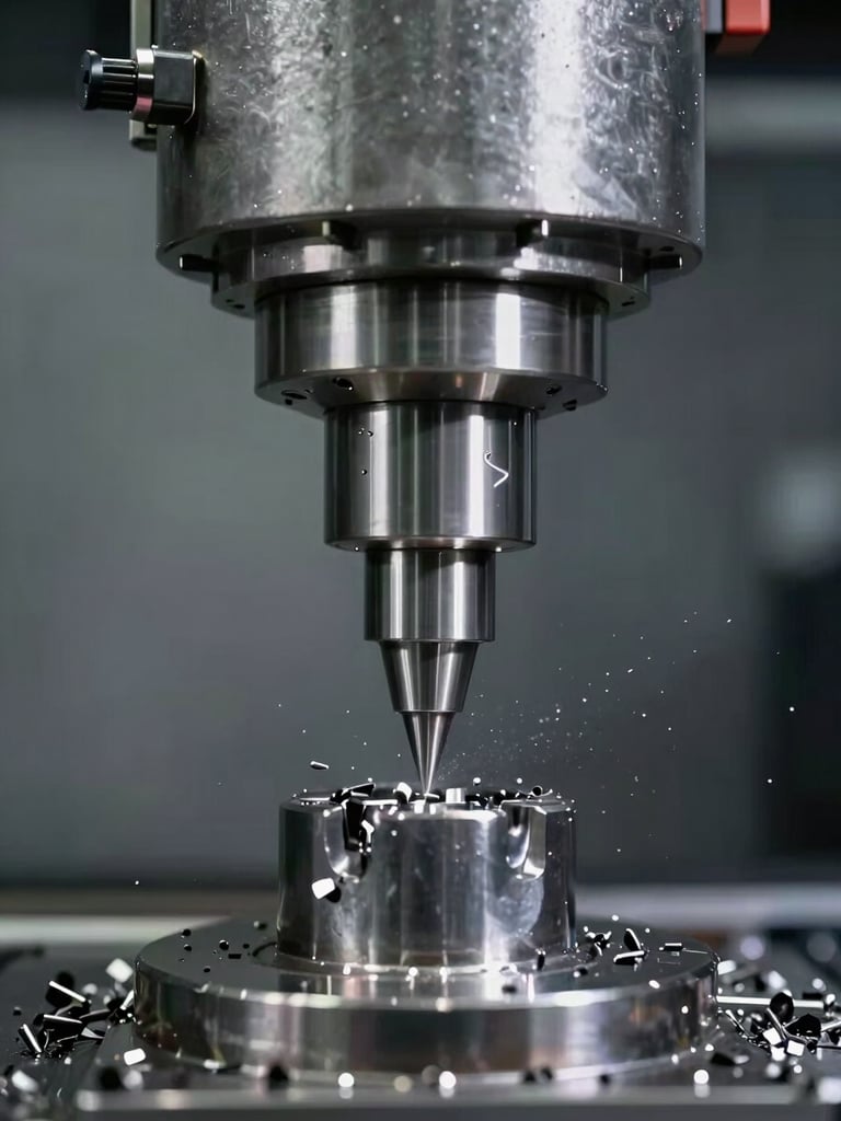 Extreme close-up of a CNC machining spindle mid-operation, cutting steel billet on a BFW vertical machining centre, metal chips flying, controlled studio strobe lighting, steel-grey tones, sharp industrial documentary framing, no people