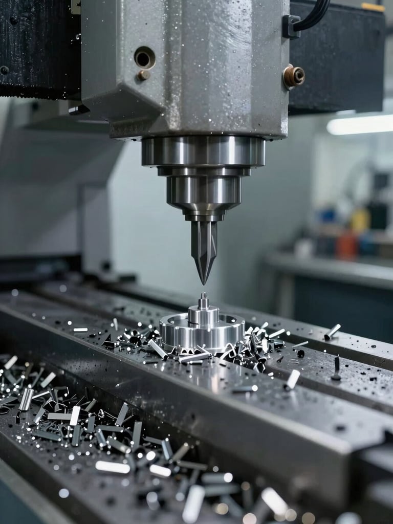 Close-up panoramic of a CNC machining centre mid-cycle in a Bangalore shop floor, aluminium chips on the table, cutting tool engaged on a precision metal component, controlled fluorescent lighting, steel-grey tones, no people