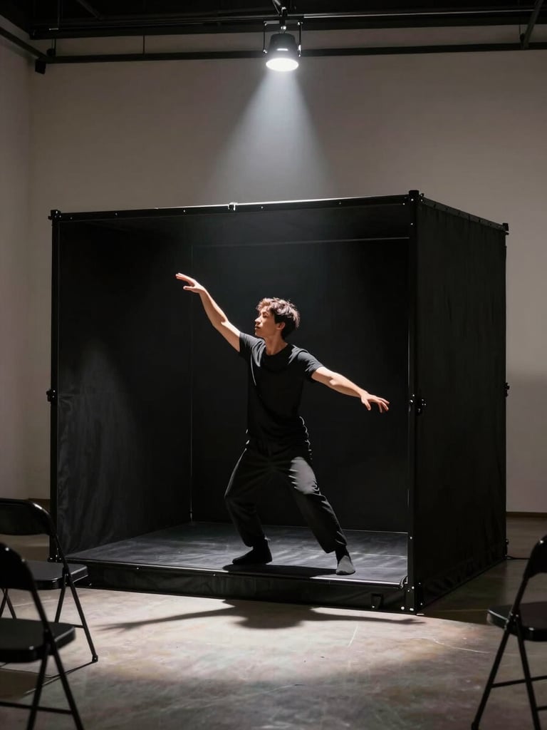 Wide shot of a small black-box performance space, a single performer mid-gesture under a tight overhead spotlight, empty folding chairs visible in soft shadow at the edges, purposeful stage lighting, no audience visible