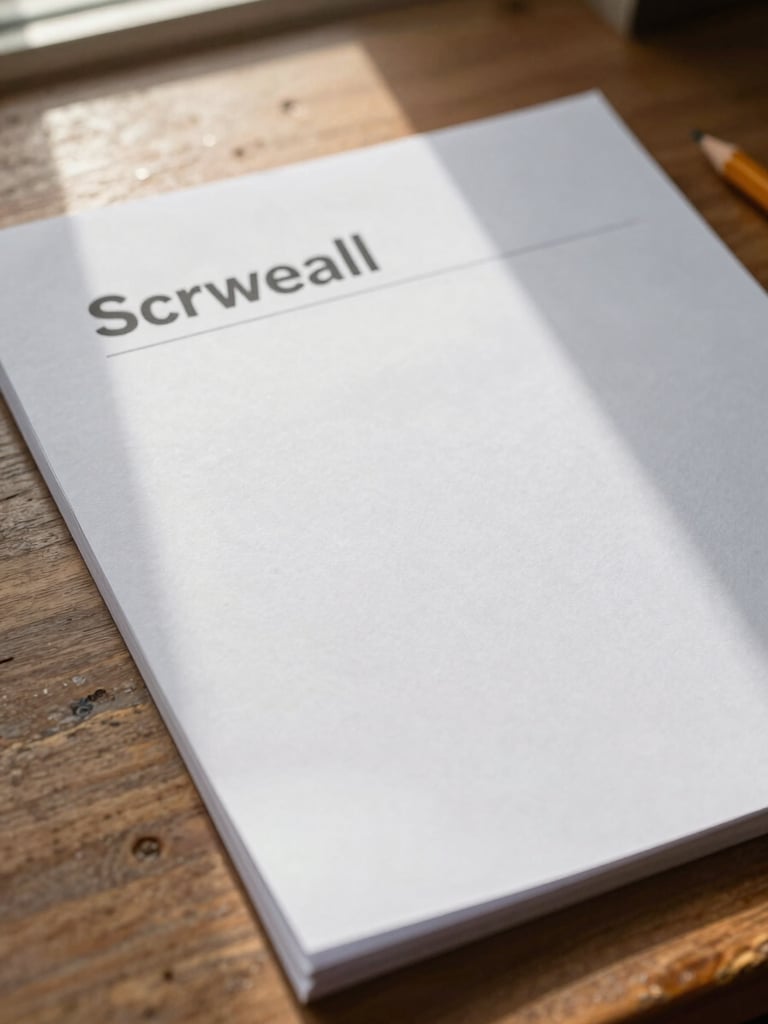 Close-up of a screenplay title page on a worn wooden desk, natural window light raking across the paper, a pencil resting at the edge, slight shadow from the binding — framed tight from the upper-left corner, generous negative space on the right side