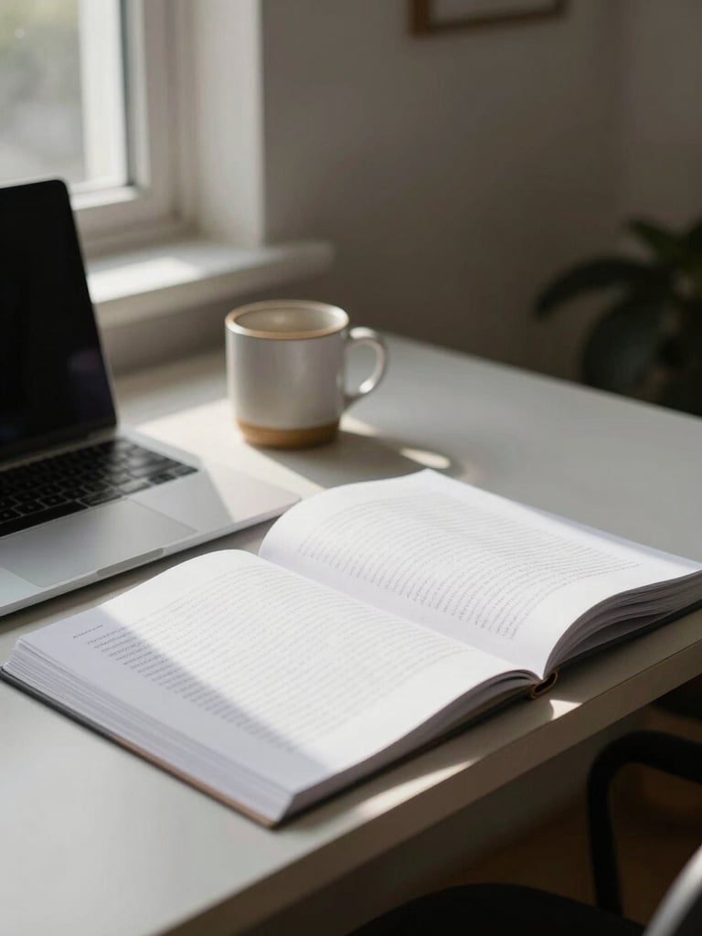 Wide shot of a modest writing desk at the left edge of frame, natural window light raking across manuscript pages and a closed laptop, a ceramic mug in the near corner, the background wall soft and out of focus — purposeful workspace, unhurried