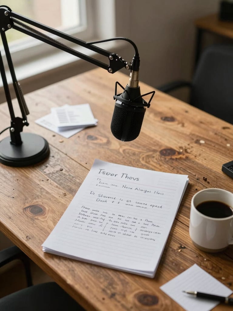 Close overhead view of a podcast recording setup on a worn wooden desk — a microphone arm, handwritten show notes, a coffee mug, and loose index cards under warm natural window light from the left