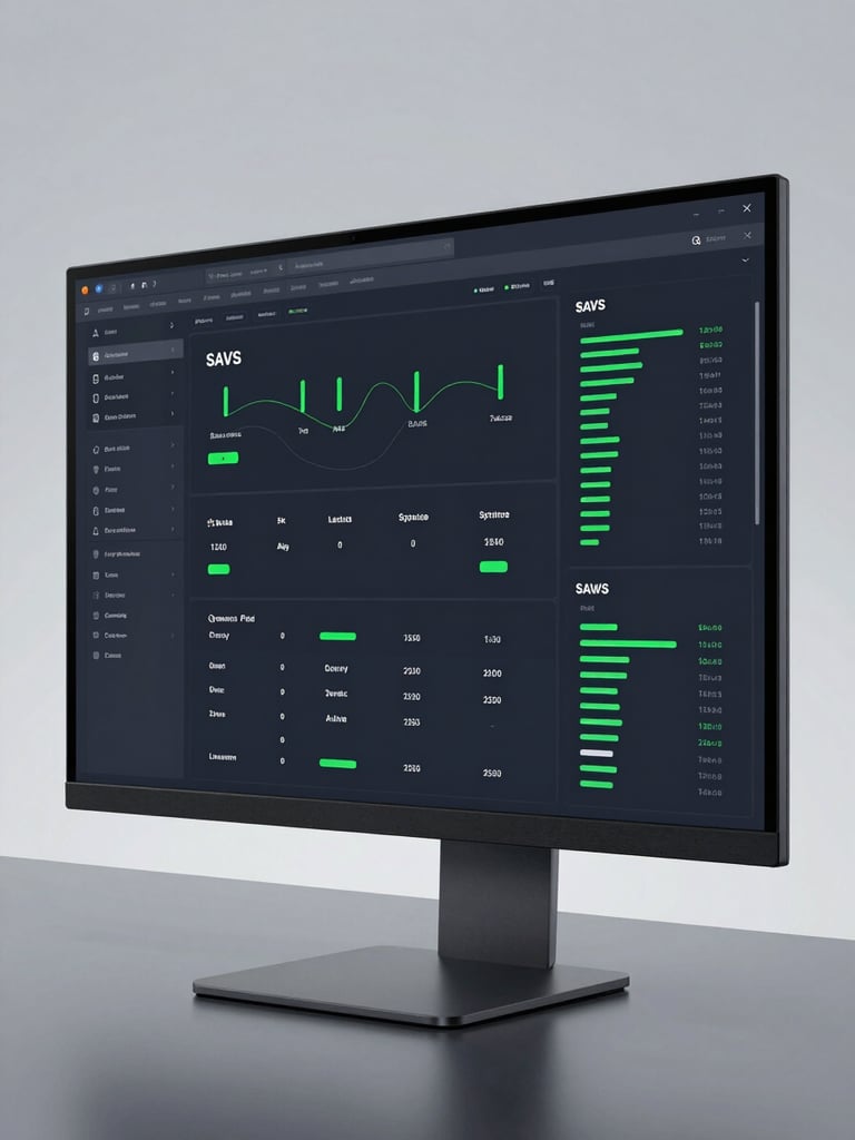 Wide dark SaaS dashboard on a large monitor screen, neon green status indicators and data flow lines visible in the UI, clean studio lighting, high contrast, minimal background, shot from slight angle showing depth of the screen