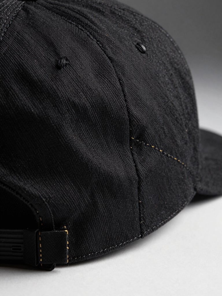 Extreme close-up of a structured black cap on a white studio surface, macro lens revealing raised embroidery thread detail — individual stitches visible, gold thread catching studio strobe light from the upper left, charcoal background at the right edge