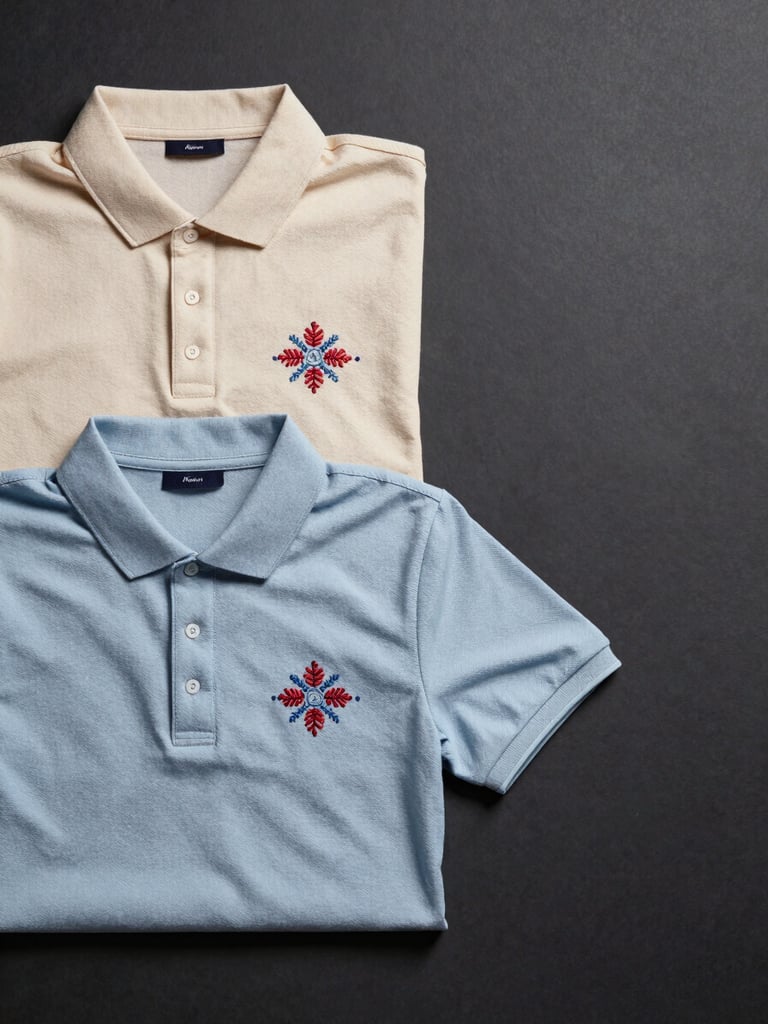 Flat-lay of finished embroidered polo shirts arranged on a charcoal surface, studio strobe lighting from above, embroidery detail visible at chest — thread texture sharp, no shadows, clean negative space to the right