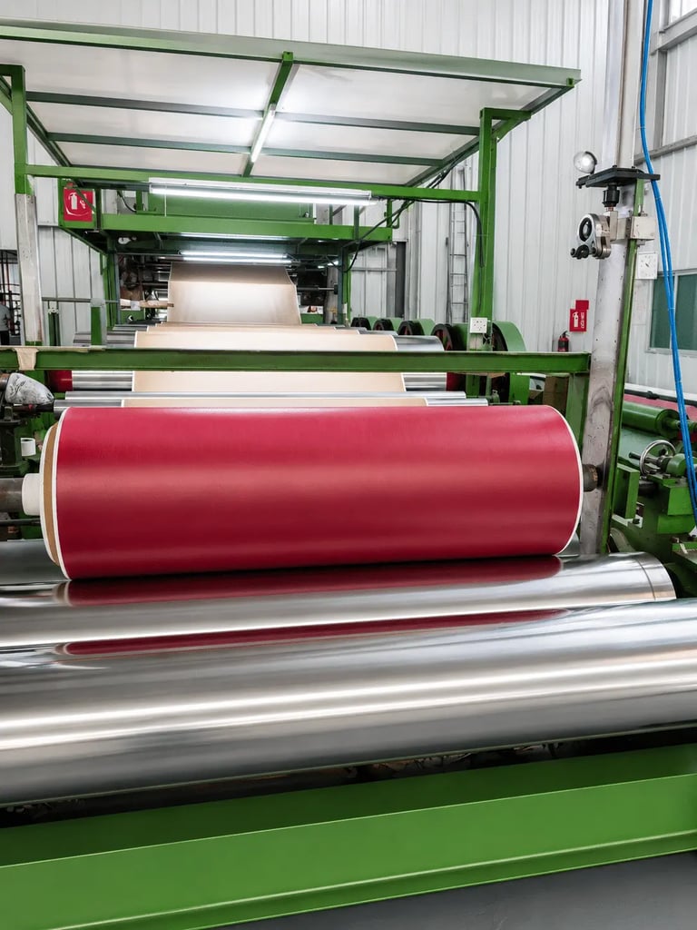 Industrial laminating machine processing a large red roll of material on steel rollers in a factory.