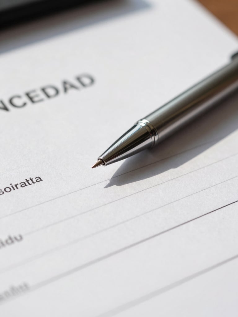 Macro close-up of an official certificate document on a clean white desk, a metallic signing pen resting on top, sharp natural daylight shadows, professional editorial style.