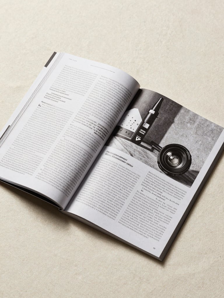 Overhead flatlay of an open editorial magazine spread on a cream linen surface, clean studio light from above, pages showing precise typographic layout and high-contrast black-and-white photography, print quality visible at the fold