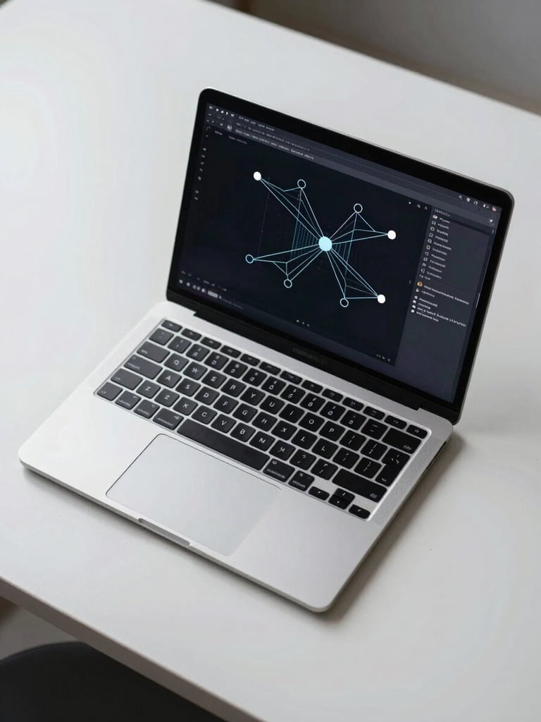 Wide overhead view of a clean desk with an open laptop displaying a dark-mode architecture diagram, cool studio strobe lighting, high contrast, geometric node-and-edge flow visible on screen, no people