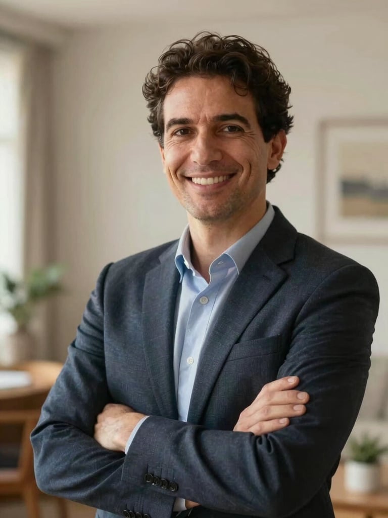 Professional, approachable portrait of a Portuguese insurance advisor in a warm, natural-lit home environment, soft morning light, medium-close framing with shallow depth of field.