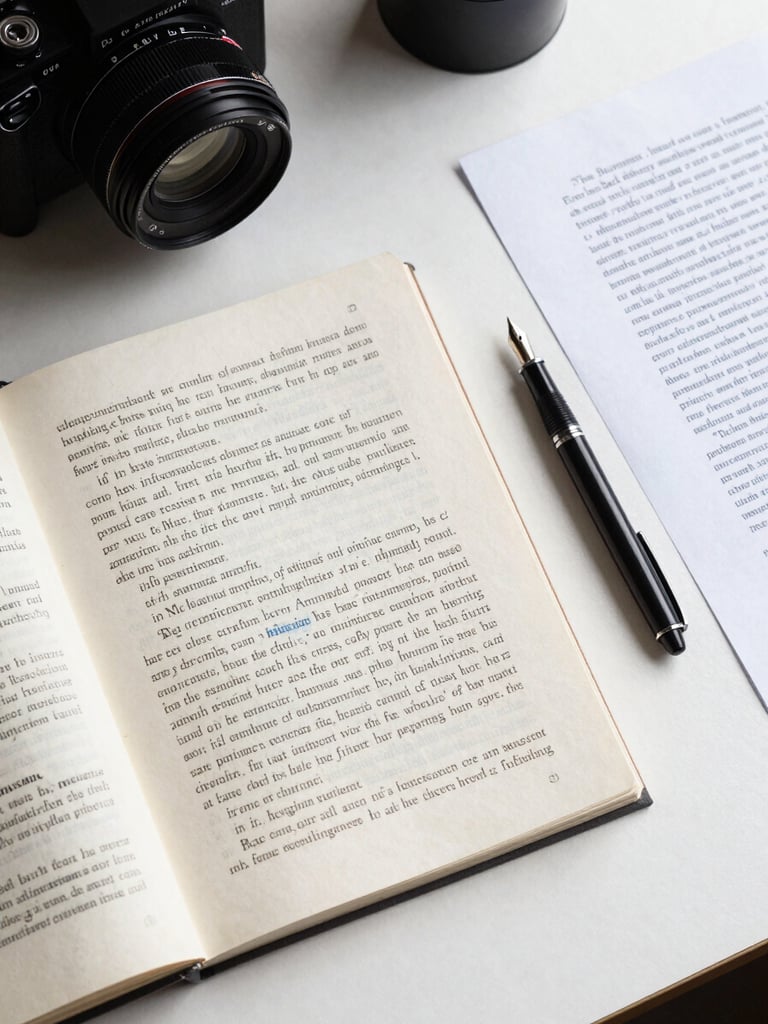 Overhead flat-lay of a manuscript on a clean office desk, marked-up proof pages beside a fountain pen, overcast studio lighting, high contrast, no people, sharp shadow edges