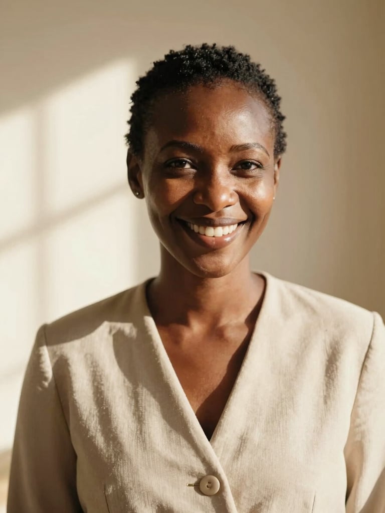 A medium close-up of Thembi Malele smiling warmly, wearing a sophisticated neutral-toned outfit, set against a soft cream background with warm natural lighting, editorial 35mm portrait.