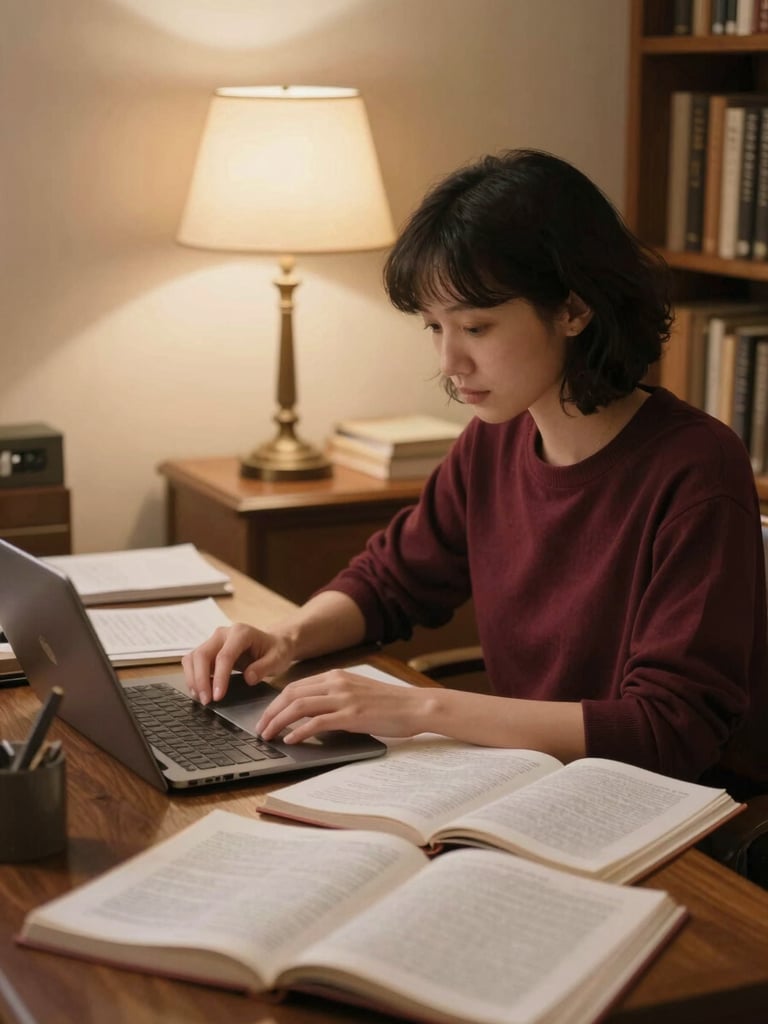 A passionate editor working at a warm wooden desk covered in manuscripts and galley proofs, soft library lamp light, warm cream and burgundy tones, cozy intellectual atmosphere