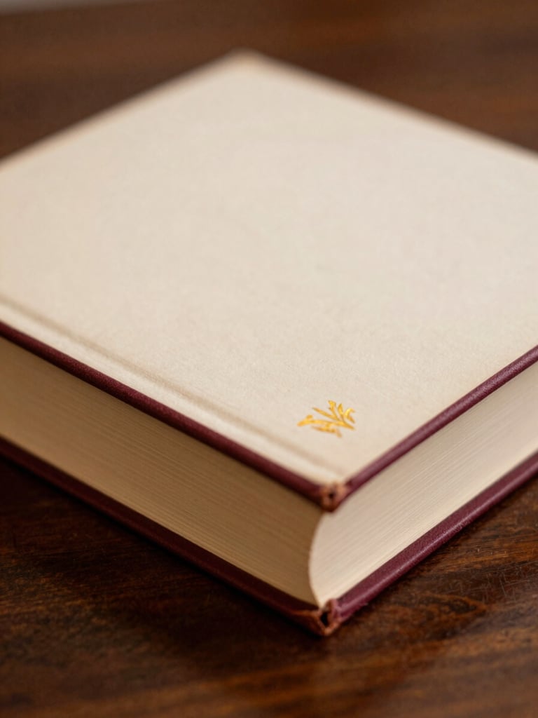 Close-up of a beautifully bound hardcover book with gold foil detailing resting on a dark walnut table, soft library lamp glow, shallow depth of field, 35mm