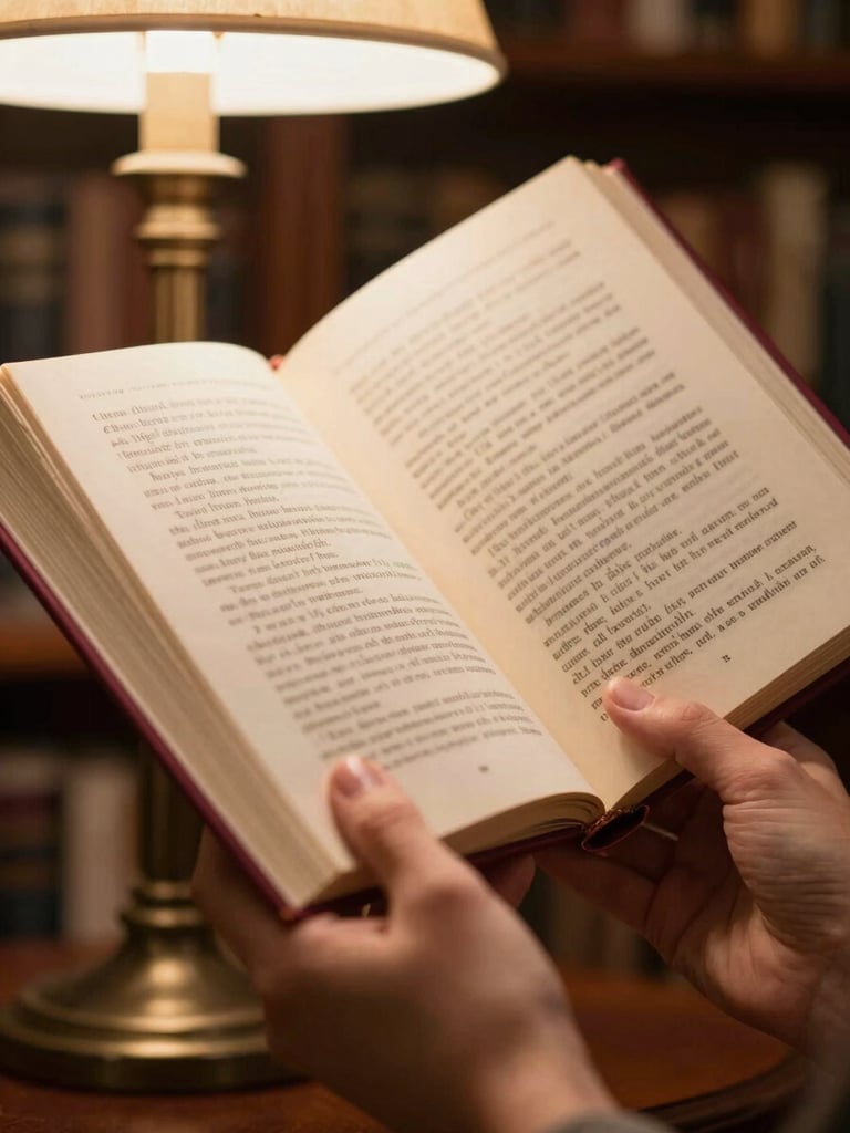 Close-up of hands holding an open, beautifully typeset hardcover book, warm library lamp lighting, soft paper textures, cozy atmosphere