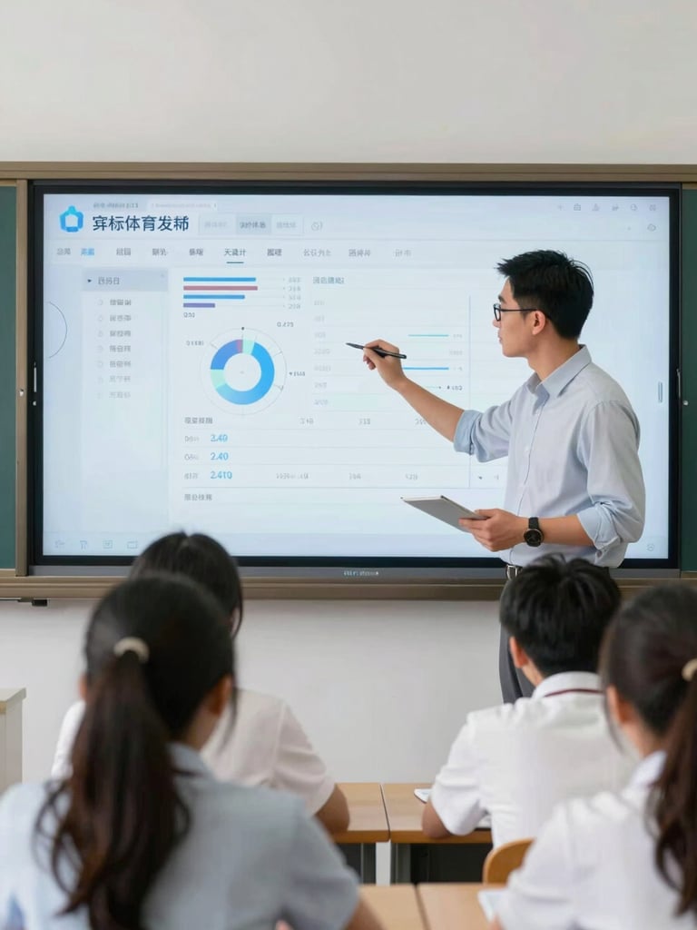 Medium shot of an educator and high school students analyzing data on a large interactive screen, bright natural daylight, modern classroom environment.
