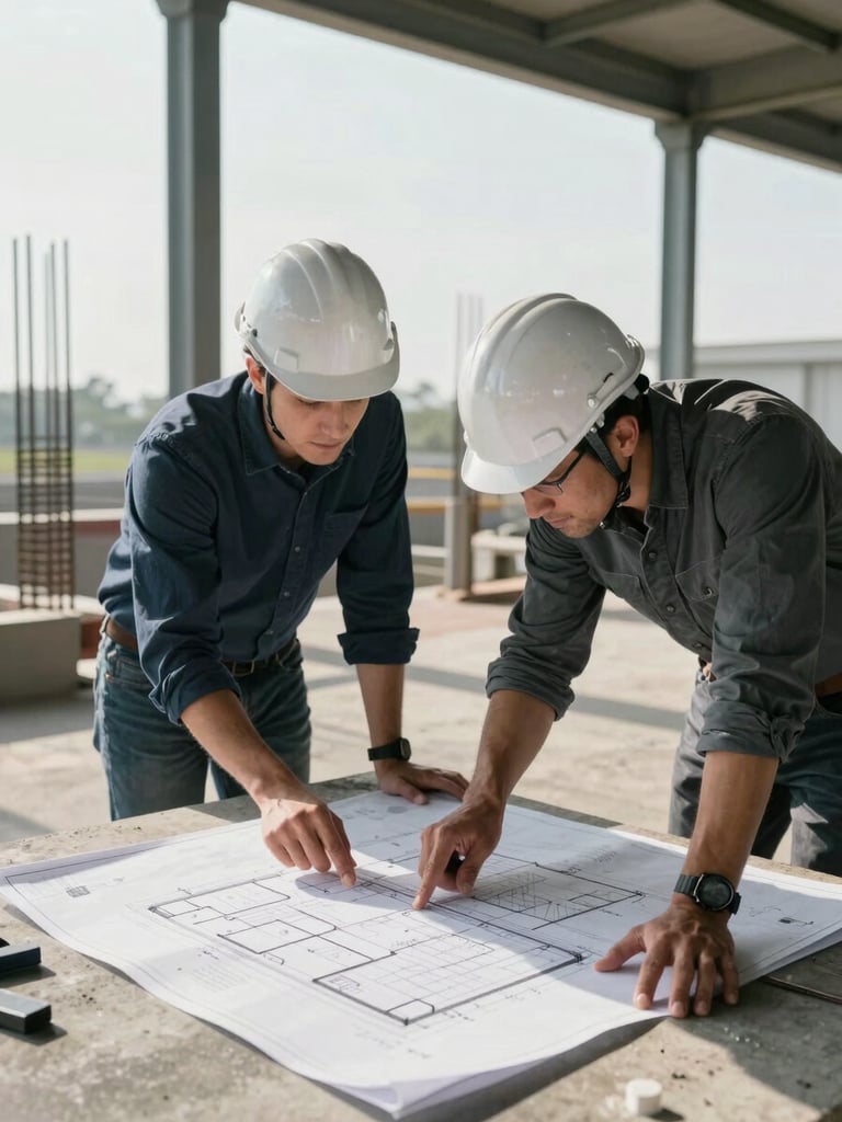 Wide left-anchored site photograph: two engineers in hard hats and an architect leaning over large structural drawings spread on a concrete surface, natural north-facing daylight, steel columns and rebar visible in background, hands pointing at plan details, documentary framing
