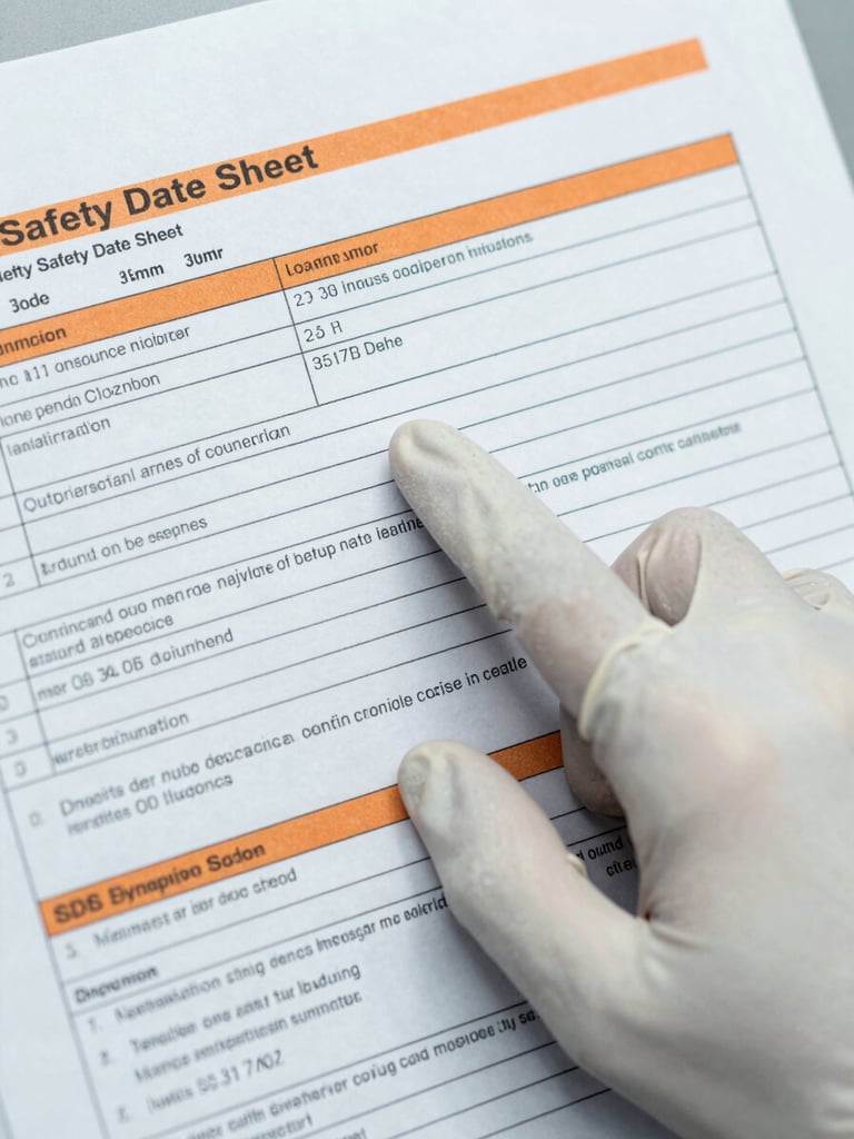 Close-up of a hand in a clean industrial glove pointing to a detail on a Safety Data Sheet (SDS) document, technical and precise, cold daylight, 35mm sharp industrial photography.