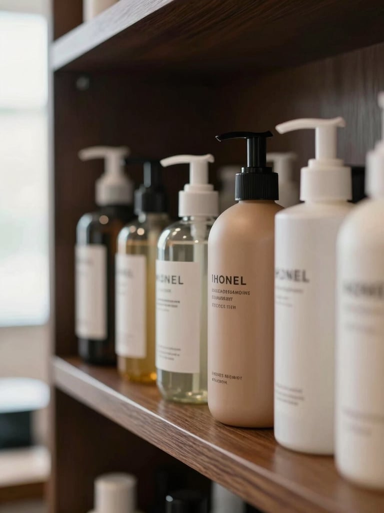 Close-up of curated grooming product bottles lined on a dark wooden salon shelf, soft north-facing daylight from the left, glass and matte packaging, shallow depth of field, right edge of frame open