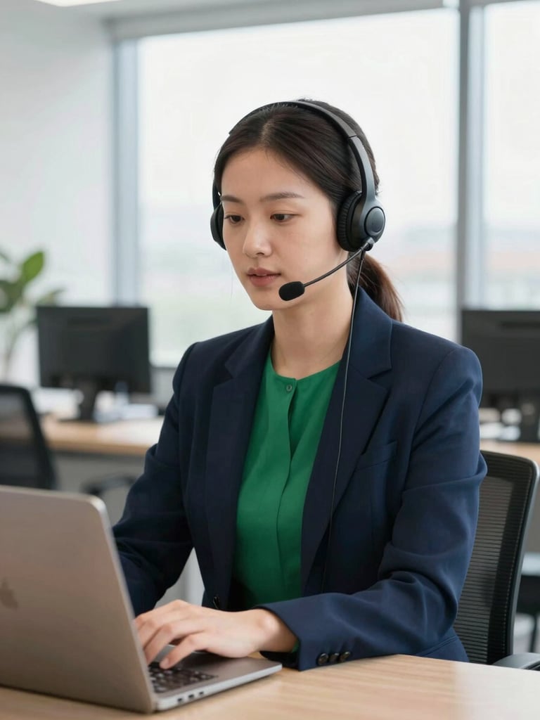 A professional UK office setting with bright natural daylight, a focused agent wearing a modern headset speaking calmly, 50mm lens, deep navy and emerald tones