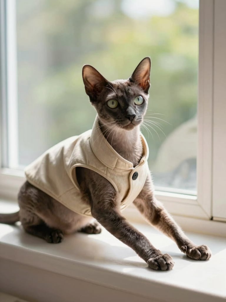 An eye-level portrait of a sleek cat wearing a tailored soft vest, stretching gracefully on a sunny window sill, shallow depth of field