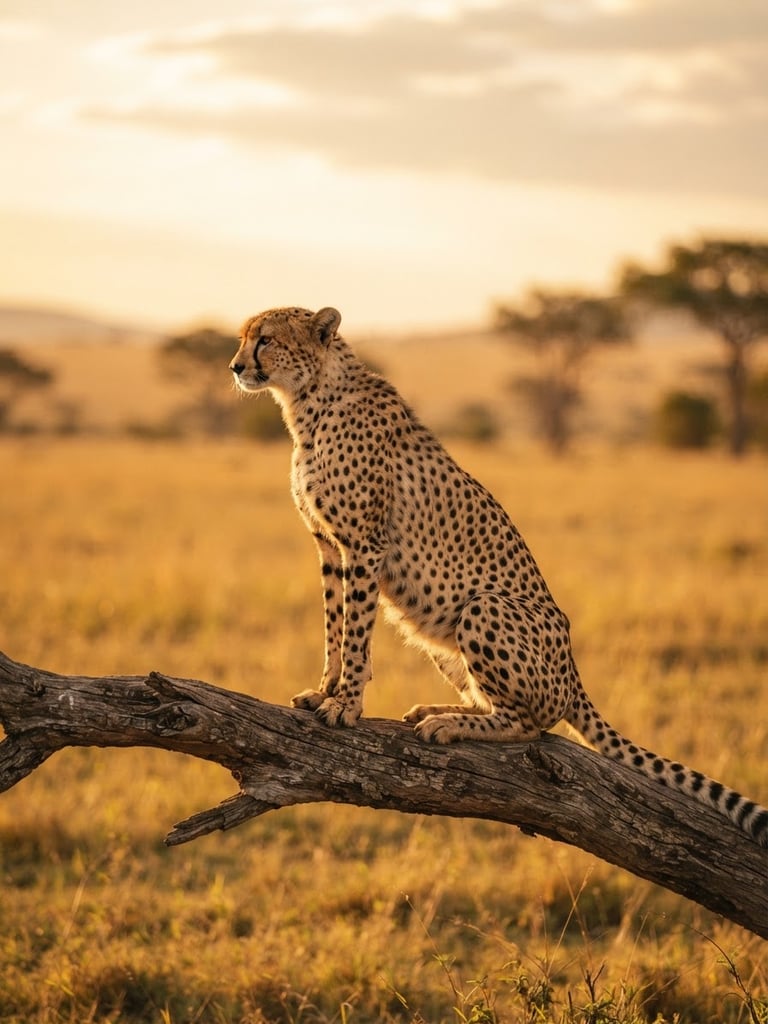 A close-up of a majestic cheetah perched on a fallen acacia branch, scanning the golden grasslands of the Maasai Mara under warm golden-hour sunlight, shallow depth of field, 35mm film aesthetic.
