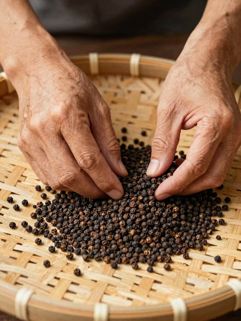 Close-up of a farmer's hands gently sorting whole black peppercorns on a woven bamboo tray, warm diffused side-lighting