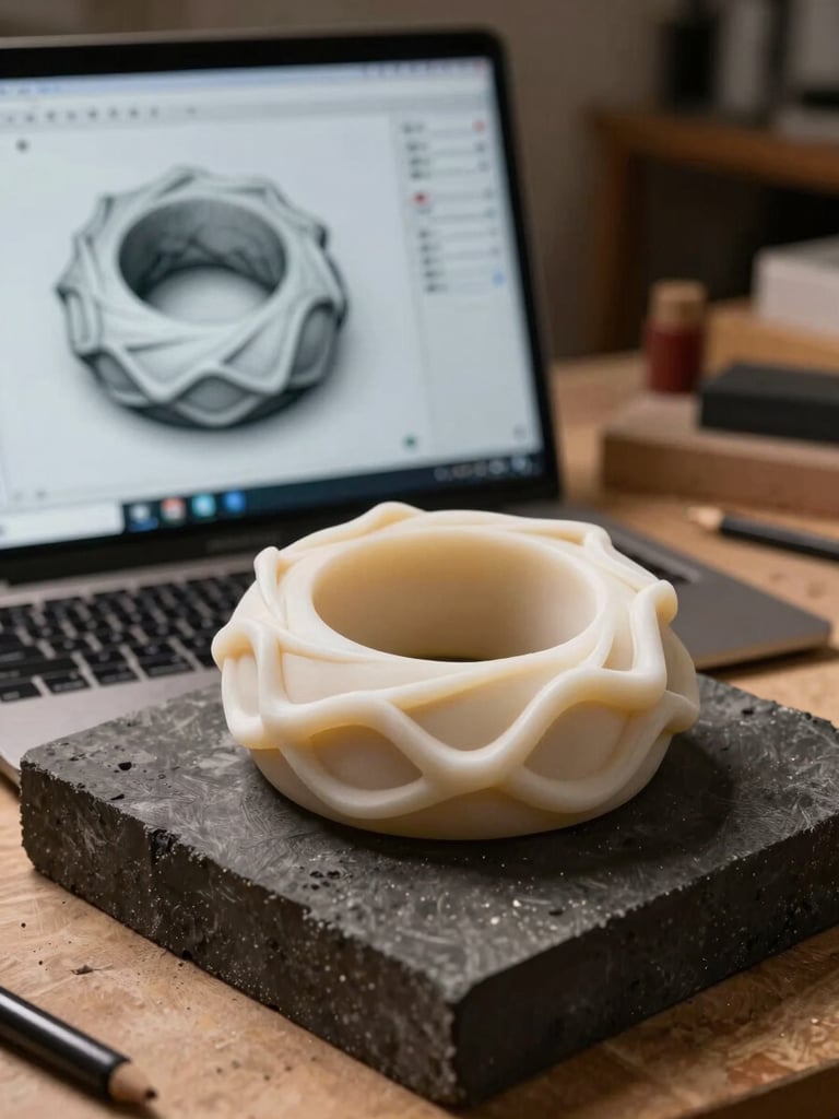 A physical wax carving of an organic ring design resting on a dark graphite block next to a laptop screen displaying its 3D CAD model, warm workshop lighting.