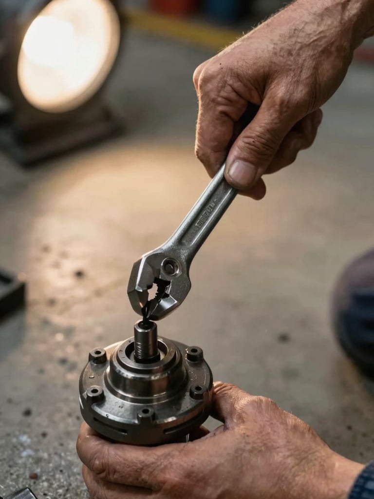 Close-up of a mechanic's hands gripping a heavy-duty torque wrench mid-tightening on a wheel hub, shallow depth of field, concrete workshop floor visible below, tungsten shop light from the upper left casting warm directional light, no faces, industrial and tactile