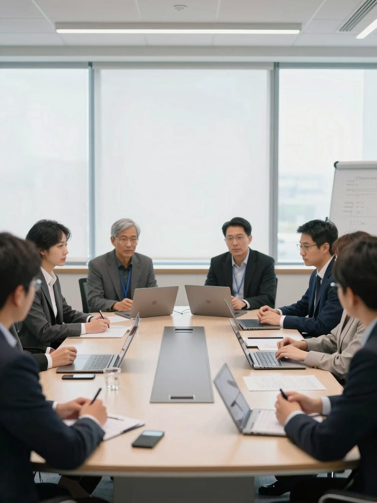 Medium-wide shot of a bright, modern focus group observation suite. Soft daylight through large windows illuminates a clean conference table with professional recording equipment. Sharp focus, realistic, 35mm.