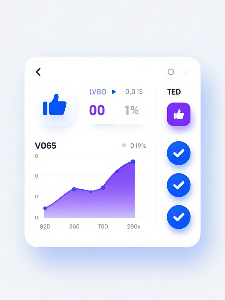 A clean, high-fidelity software UI mockup of a productivity dashboard, displaying upvote counters, telemetry graphs, and verified badges with vibrant blue and purple accents on a pure white canvas.