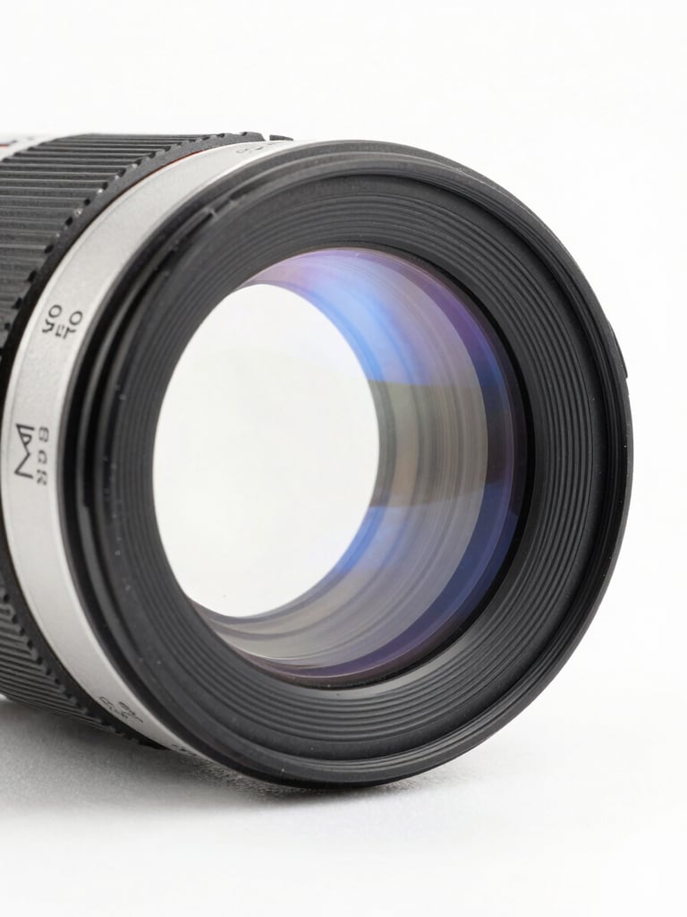 High-precision optical lenses catching light, clean studio light, crisp white background, subtle blue refractions, 50mm lens