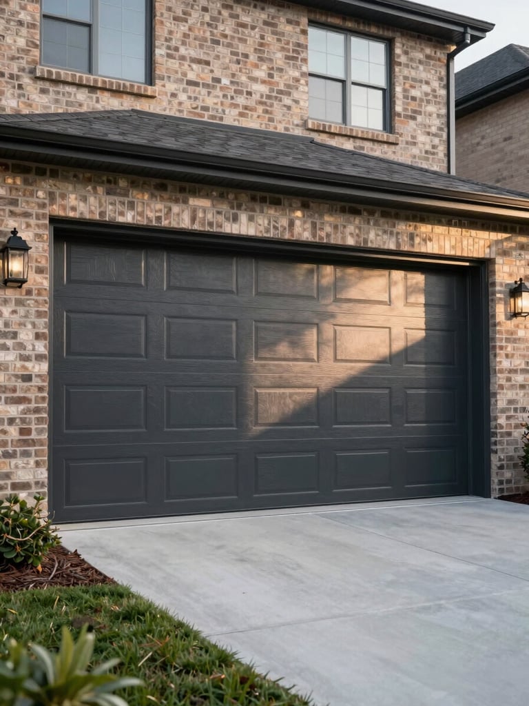 Environmental wide shot of a modern charcoal carriage-style garage door freshly installed on a brick-facade suburban home, afternoon natural light casting soft shadows across the door panels, driveway and landscaping visible, no people