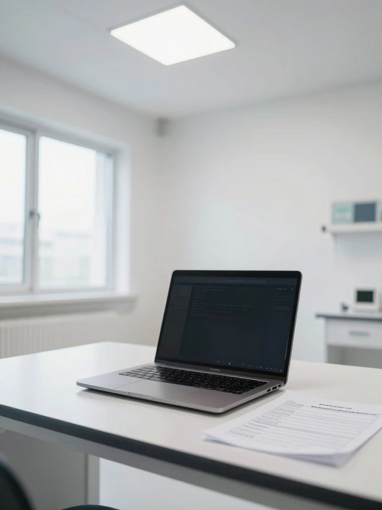 Wide environmental shot of a clinical consultation room, desk with open laptop and supplement prescription notes under bright natural window light from the left, clean white walls, professional overhead fluorescent fill, no people visible — institutional and precise