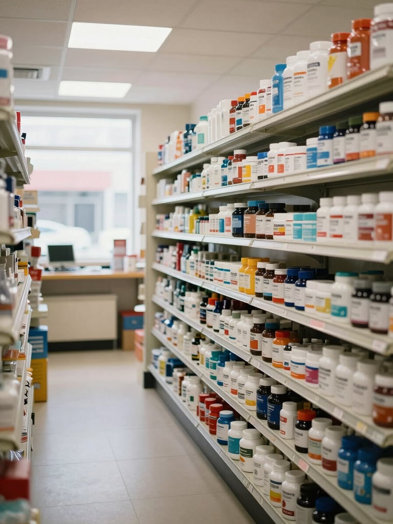 Wide interior of a supplement shop, shelves stocked with organized product rows, bright fluorescent and natural window light, counter visible in background, no people, clinical retail environment